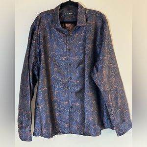 Barry.Wang Men’s Blue & Gold Long Sleeve Silk & Polyester Dress Shirt 4XL